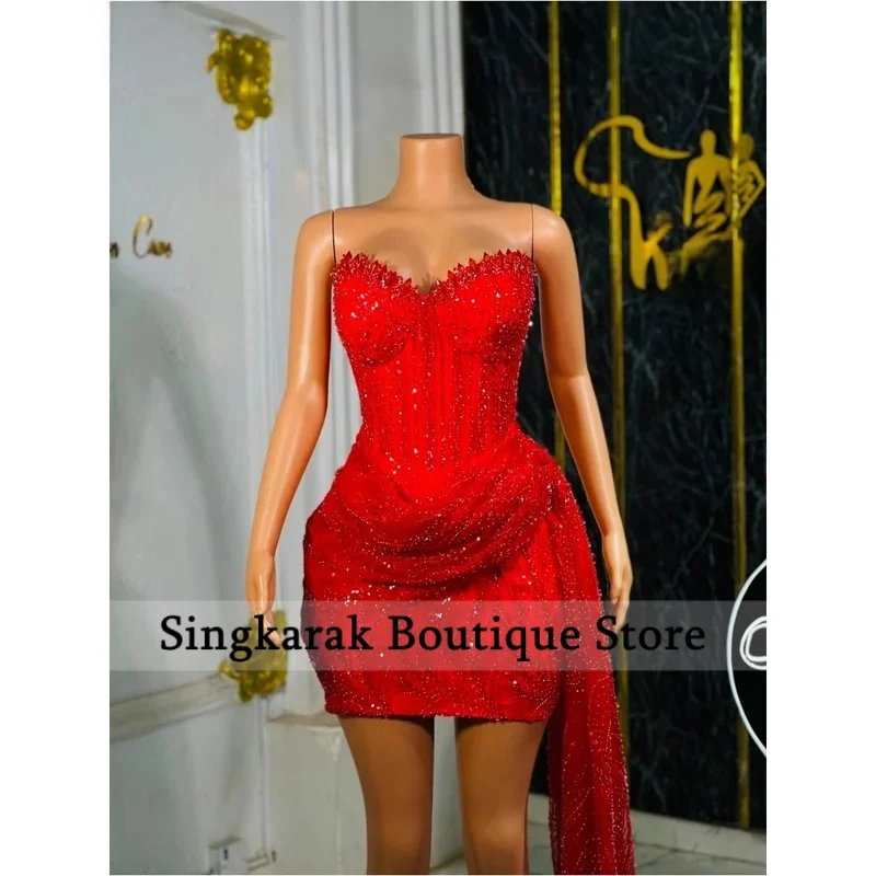레드 스팽글 스파게티 스트랩 하트 넥 프롬 드레스 미니 드레스 드레이프 디테일 맞춤형 포멀 이브닝 드레스