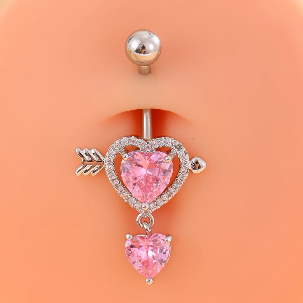1PCS Pink Heart-Wing Butterfly Belly Button Rings Jewelry Stainless Steel Chain Dangled Navel Piercing Crystal Cute Belly Ring