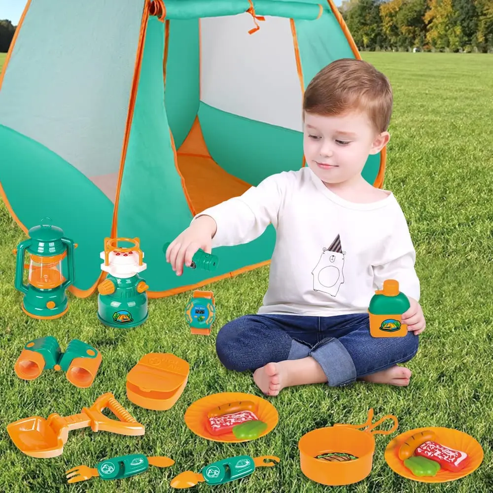 Crianças conjunto de acampamento com tenda de acampamento engrenagem brinquedo com fingir jogar tenda ao ar livre indoor brinquedos fingir jogar tenda acampamento ferramentas engrenagem