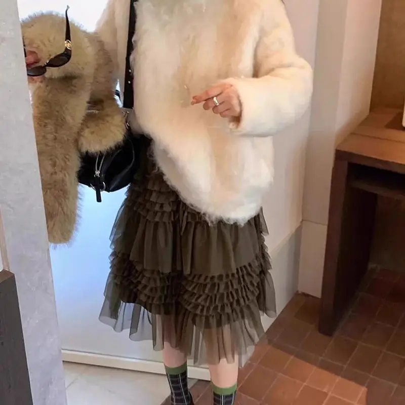 Women Gentle Tiered Tulle Skirt Elastic Waist Drawstring A Line Midi Cake Skirt Double Layer Hem Spring Summer Casual Half Skirt