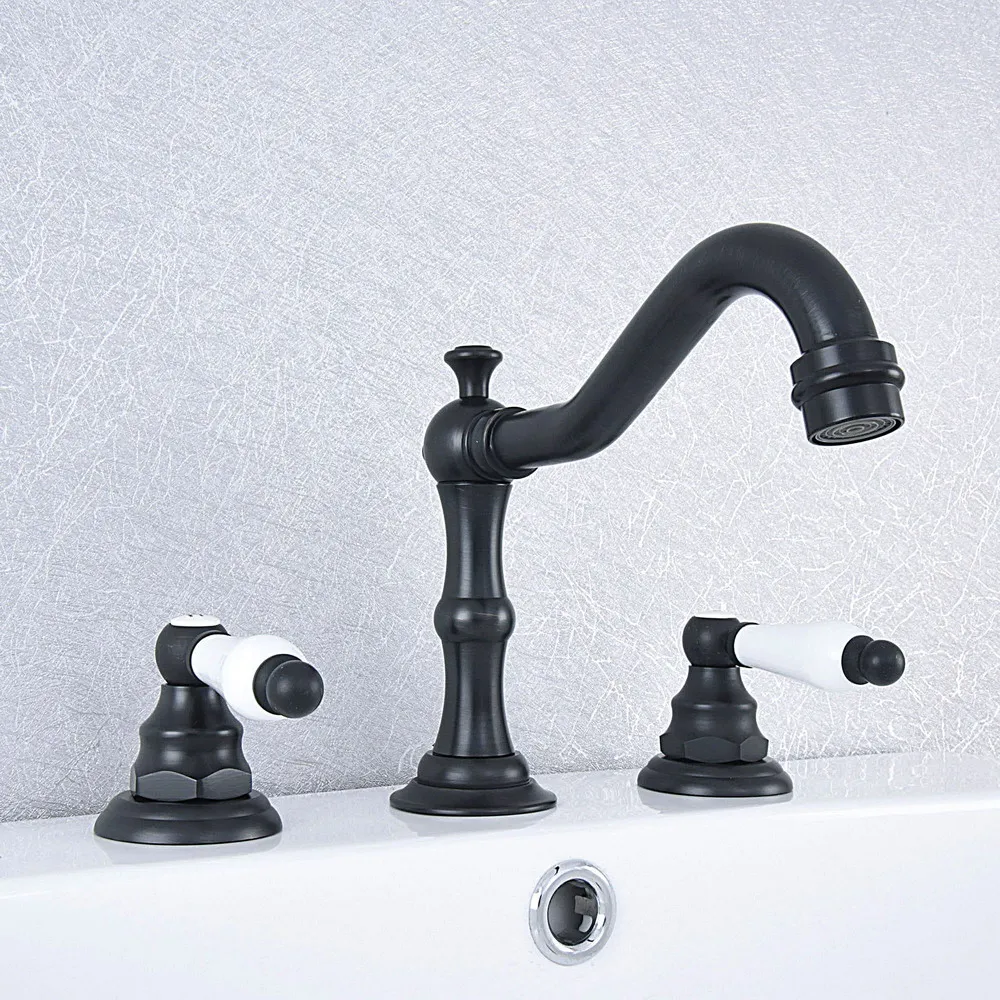 Black Brass Bath Sink Faucet Double Handle Basin Sink Faucet Hot and Cold Water Mixer 3 Hole Bathroom Faucet Nsf542