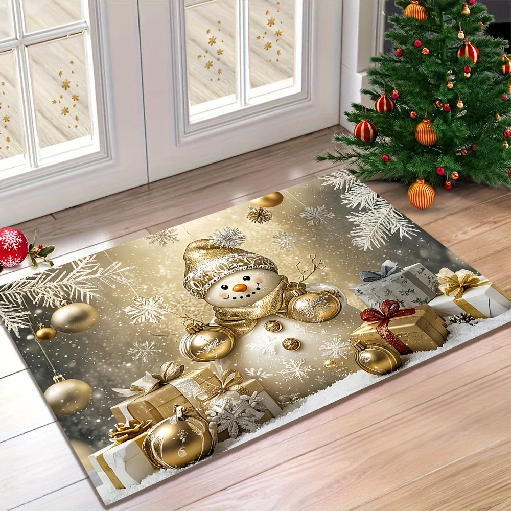 VIKAMA White Gold Christmas snowman Pattern, Non-Slip & Dirt-Proof, Warm Carpet For Winter, Festive Home Decor Entrance Door Mat