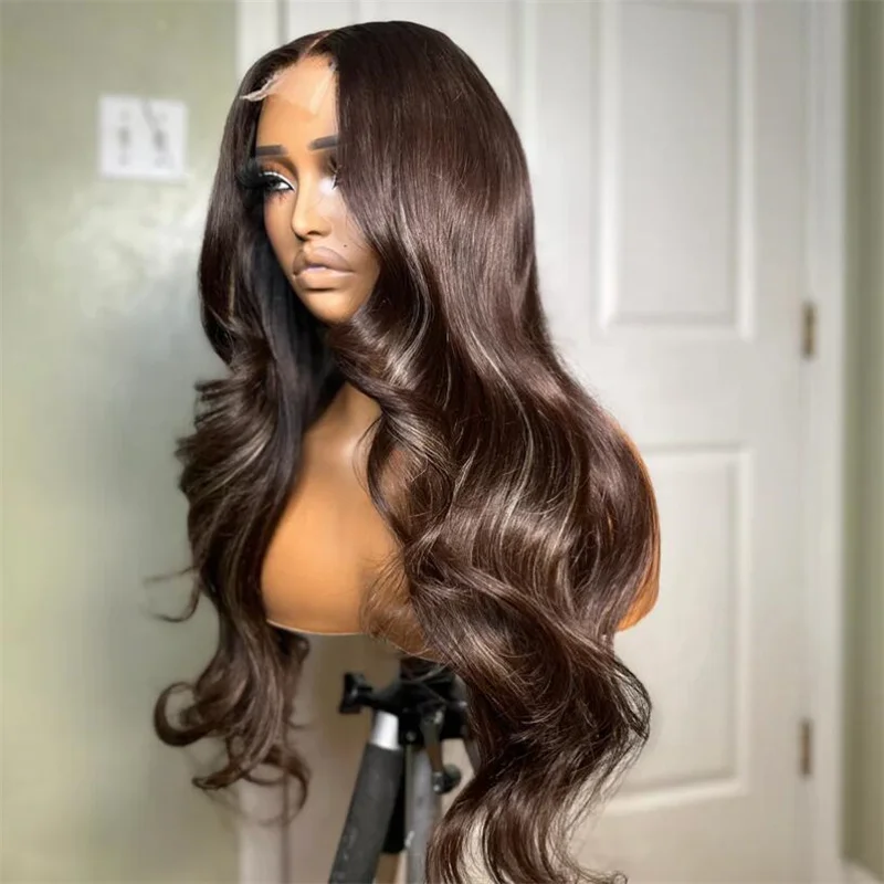 Glueless 180Density 26inch Dark Brown Body Wave 5x5 Silk Base Preplucked Jewish Human BabyHair HDLace Wig European Hair