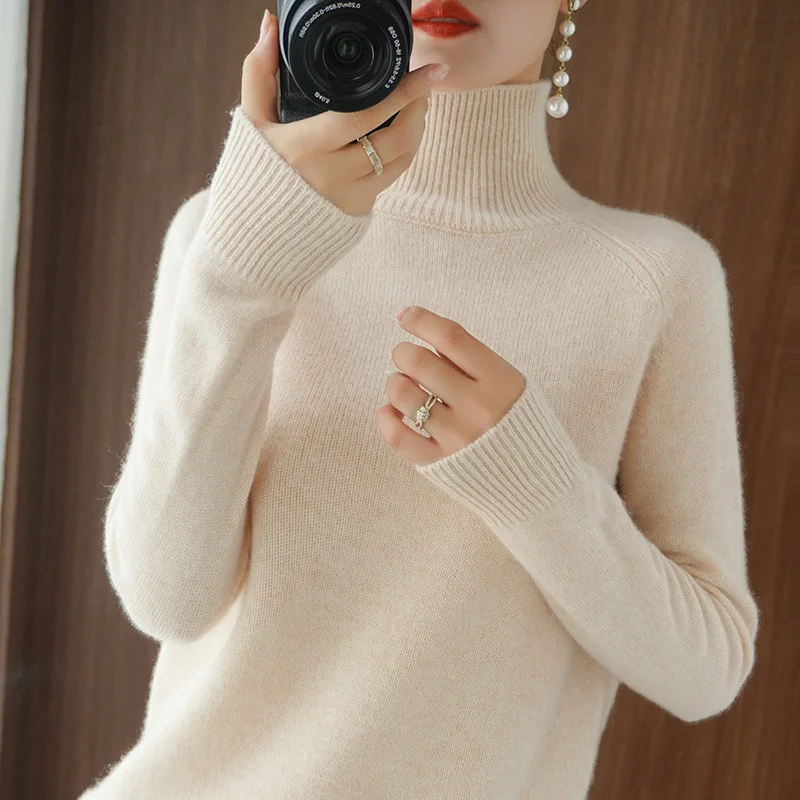 Sweater Turtleneck lengan panjang wanita, sweater kasual musim gugur musim dingin, Pullover hangat tebal, jumper dasar 2024, pakaian rajut Korea modis