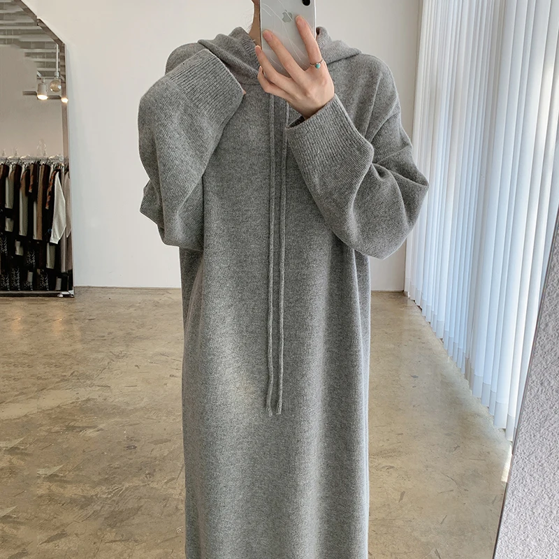 

New Korean Hooded Thick Autumn Winter Grey Dresses Woman Warm Knitted Solid Elegant 2022 Sweater Dress Women Vintage Clothing