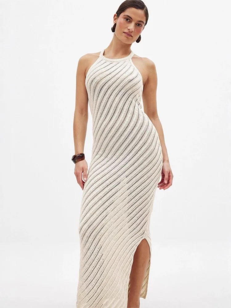 Robe de plage longue en tricot pour femmes, Sexy, ajourée, col rond, sans manches, Cover-Up pour Bikini, dos nu, robe de vacances, été, 2026