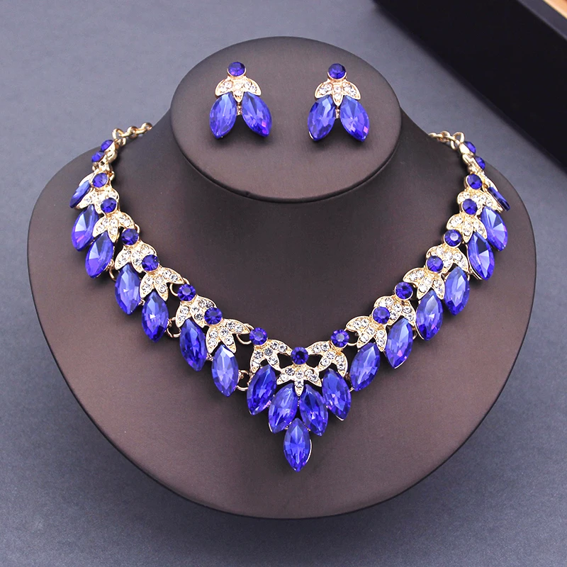 Luxury Red Crystal Choker Necklace Earrings Set Rhinestone Bridal Jewelry Sets Women Bride Wedding Party Costume Bijoux Femme