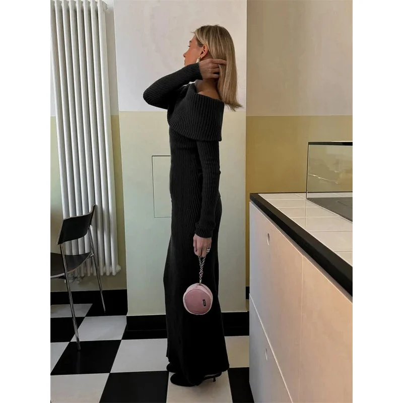 Bonny moda abito lungo in maglia con spalle scoperte femminile a costine allentato a vita alta elegante abito da festa autunnale abito maxi in maglieria da donna