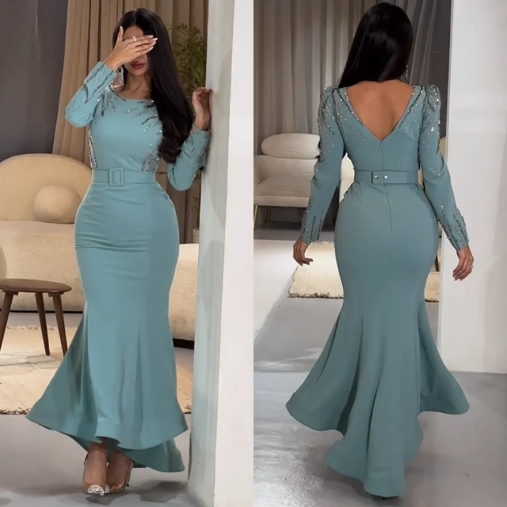 

Jiayigong Jersey Beading Sash Draped Cocktail Party Mermaid O-Neck Bespoke Occasion Gown Midi Dresses Saudi Arabia