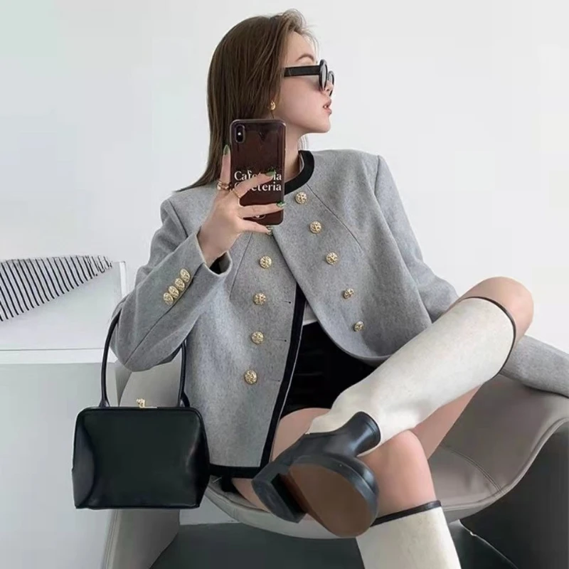 Nuovo 2025 Primavera Autunno Donna Grigio Irregolare Color Block Doppio Petto Stile Britannico Francese di Fascia Alta Giacca Corta di Lana