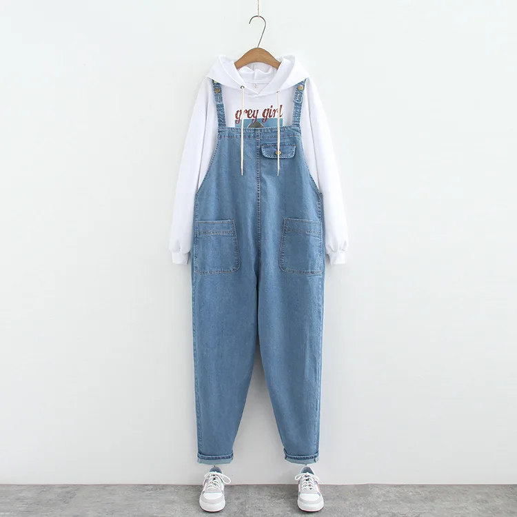 plus Size Denim Overalls Women's Spring Autumn Slimming Faion Loose Strap Workwear Jumpsuit Trendy High Waist Long Pants