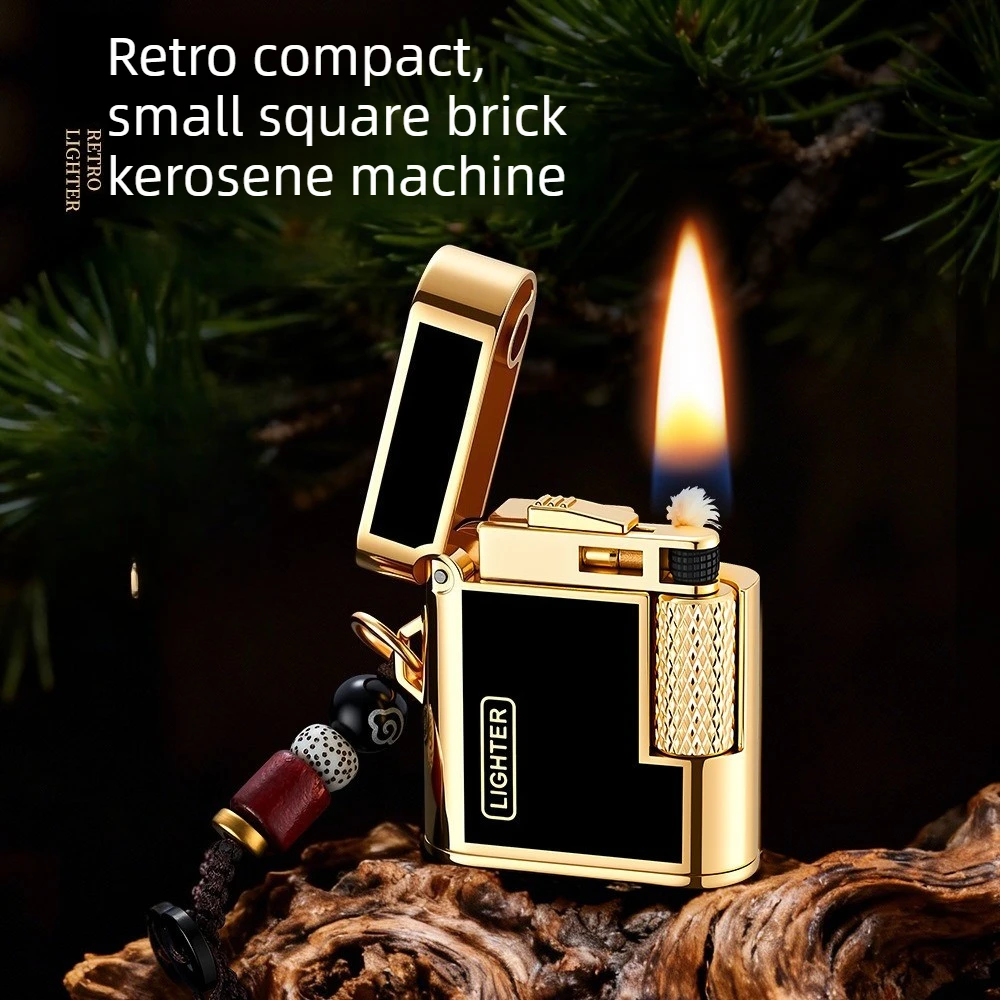 

New Small Square Retro Lighter Fuel Open Flame Side Sliding Grinding Wheel Metal Lighter Cigarette Accessories Men's Gift