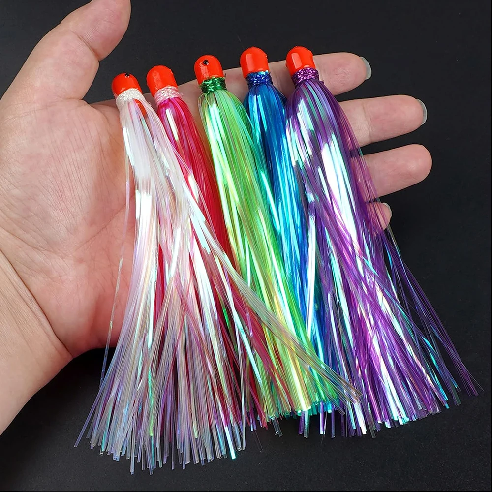 3Pcs Mylar Flash line Teaser Tail Bucktail Fishing lure 10g Weighted Tailed Jig Head Saltwater Skirts bait jig rig trolling lure