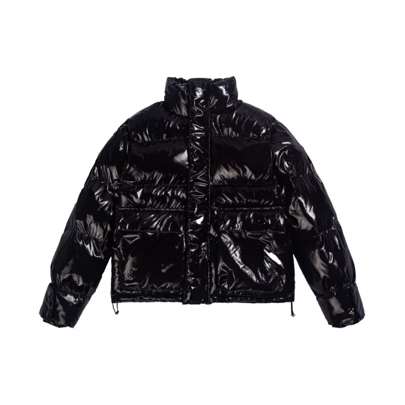 American Style Trendy RetroParkas Black Glossy Standing Collar Bread Jacket Men Women Couples Thickened Winter Jacket Men Coats