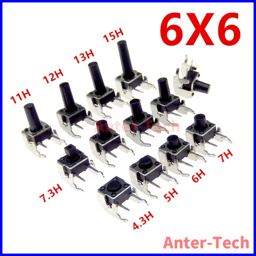20PCS 6X6X4.3mm 6*6*5mm 6/7/8/9/10/12/13/15 6X6 4 핀 촉각 버튼 마이크로 스위치 셀프 리셋 90 도 사이드 인서트 브래킷 포함 