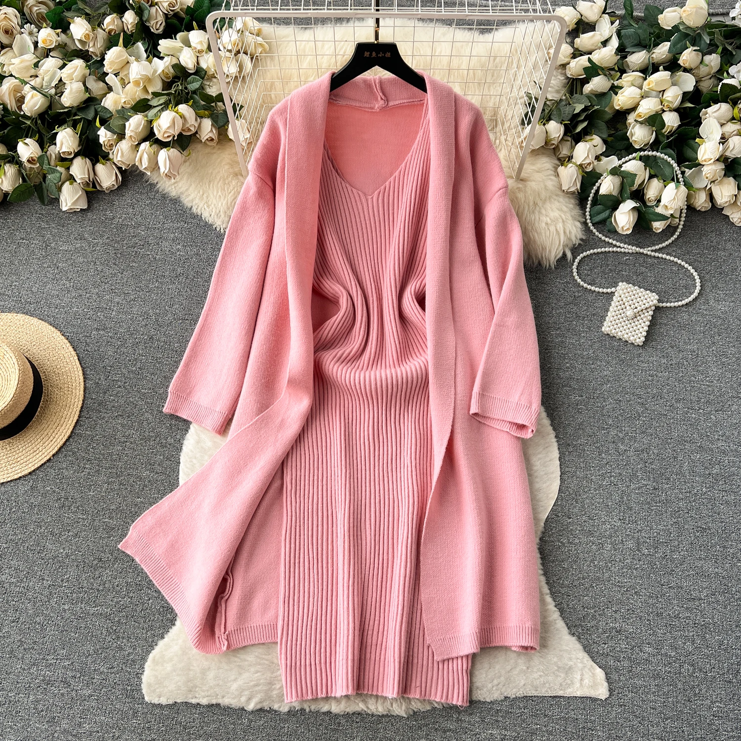 REALEFT Autumn Winter 2 Pieces Women\'s Sets Solid Knitted Tracksuit Cardigan Outwear and Tank Wrap Dress Suits 2024 New