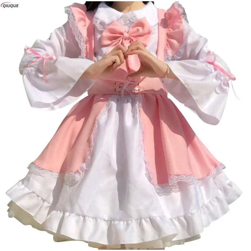 Traje de sirvienta para mujer, vestido lolita rosa unisex, vestido largo de anime, vestido de princesa, delantal, disfraz de cosplay oa4973