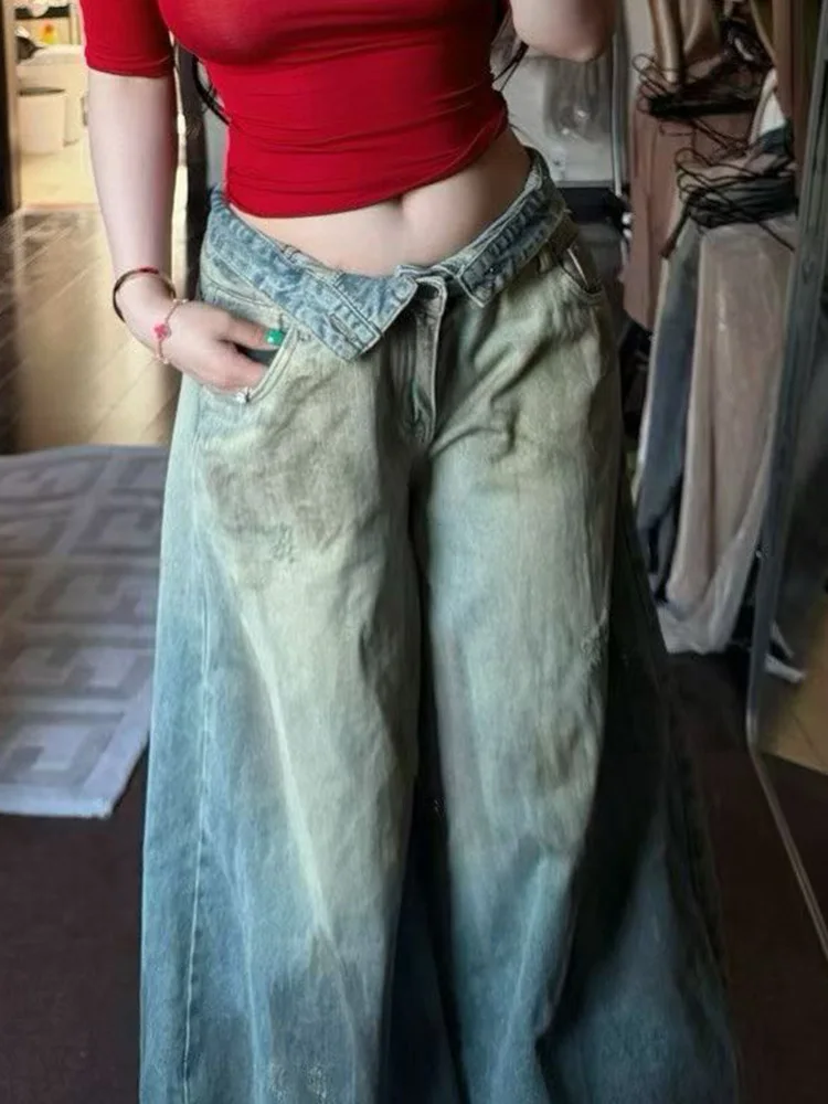 Retro American Spicy Girl Faded Jeans Women's Summer Design Sense Cuffed Floor-Length Pants Natural Waist Pure Color