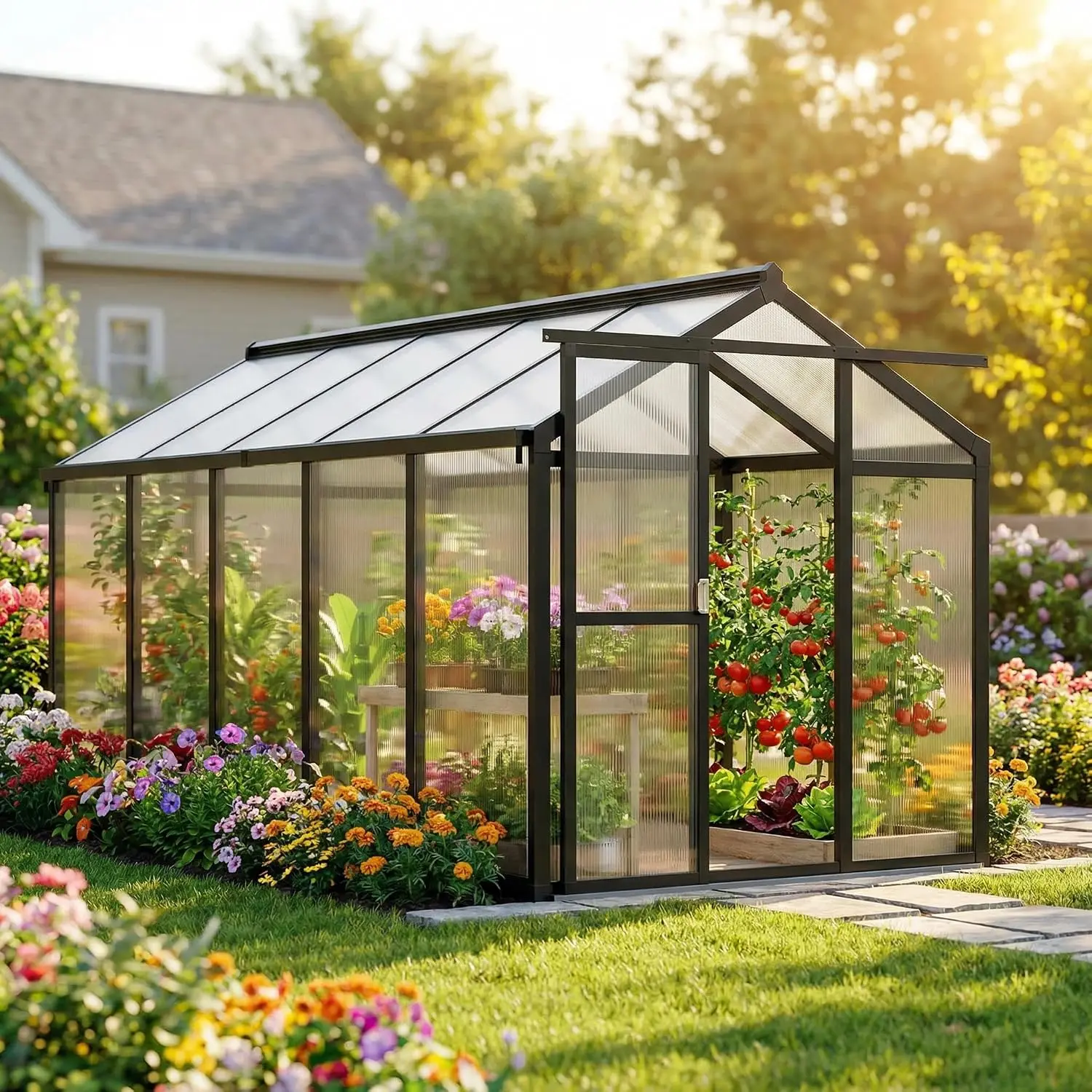 6X10 FT Greenhouse for Outdoors, Walk-in Greenhouse Kit with Aluminum Frame, Polycarbonate Panels, Adjustable Roof, Customized