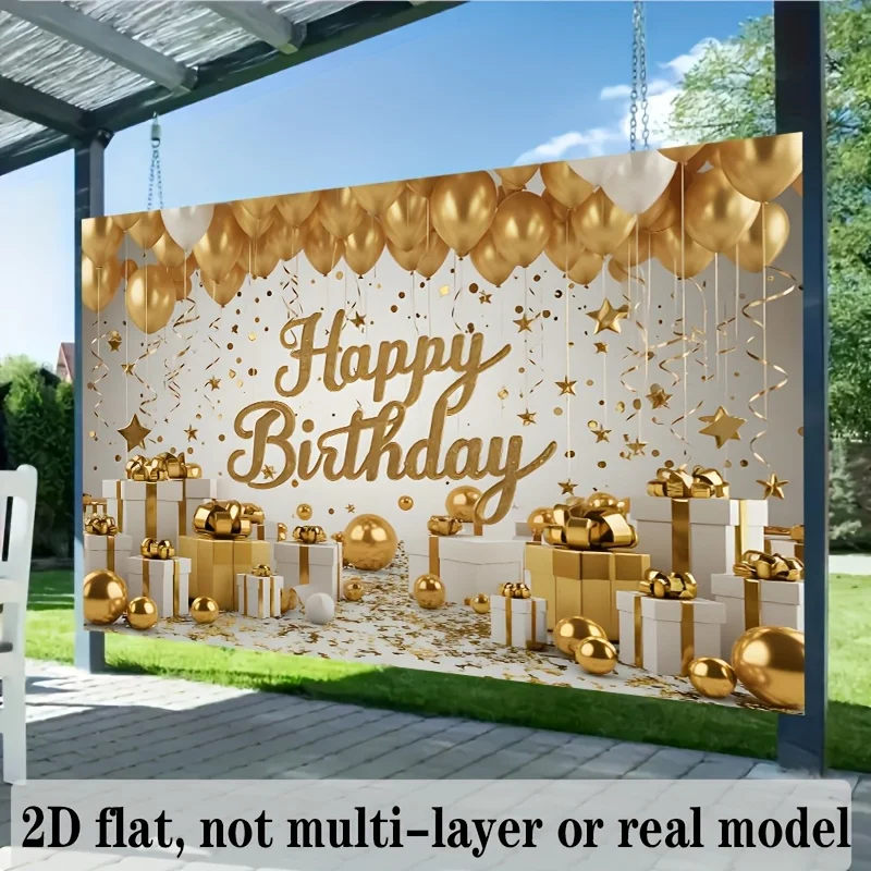 Gold Balloons Happy Birthday Luxury Party Backdrop 2D Flat Banner Elegant Celebration Decoration Wedding Anniversary Photo Booth