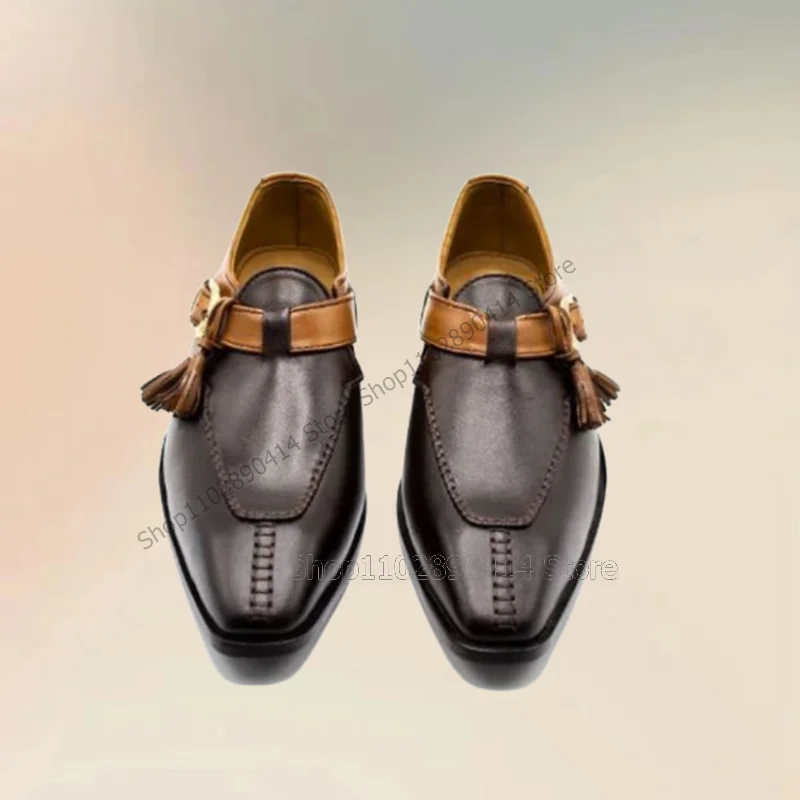 Brown Sewing Design Buckle Tassels Decor Men Shoes Fashion Slip On Male Shoes Luxurious Handmade Party Banquet Men Dress Shoes