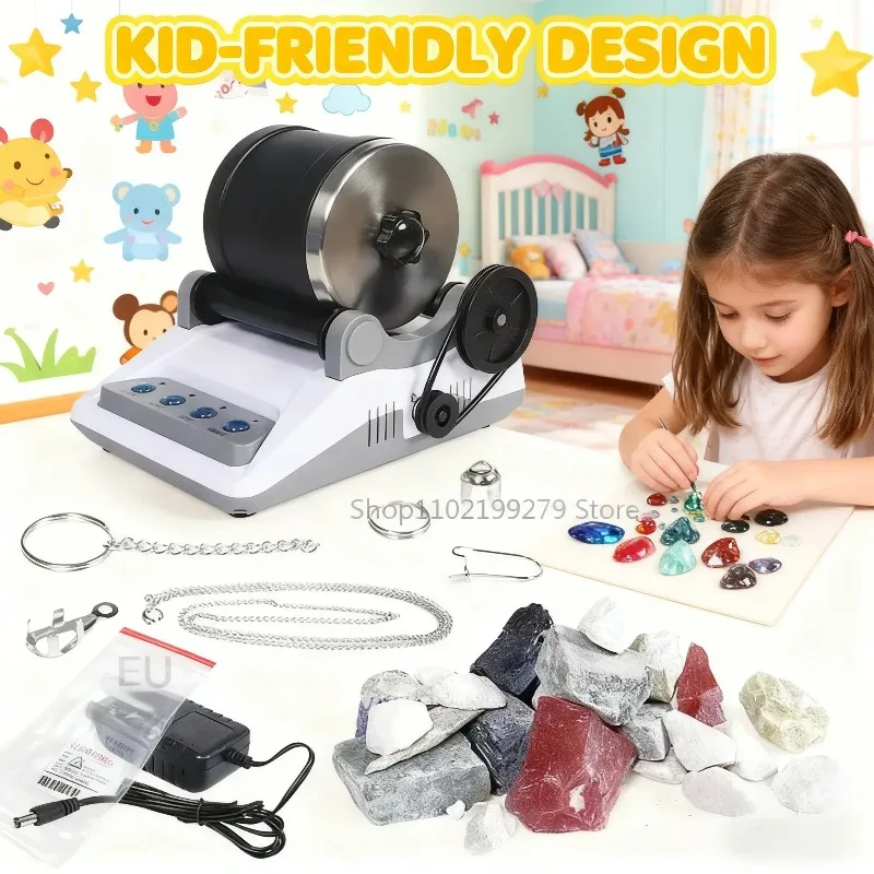 Dual‑voltage Stone Polishing Machine, Kids‑safe Rock Tumbler and Polishing Grits for Parent‑child Handwork