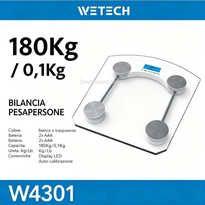 Bilancia elettronica da bagno WETECH, capacità 180 kg, precisione 0,1 kg, piattaforma in vetro, colore bianco.