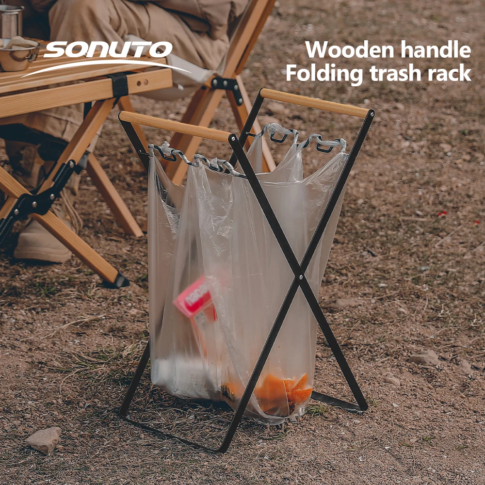 

Portable Foldable Trash Bag Holder for Outdoor Kitchen Camping Lightweight Iron Garbage Can with Wooden Handle Easy Storage