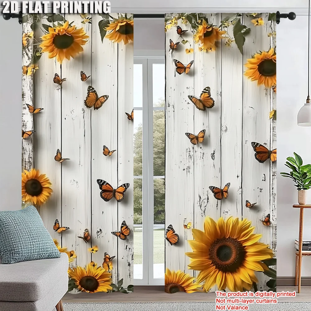 

2pc, Window Curtains Charming Sunflower and Butterfly Versatile Polyester,Without Electricity Festive Backdrops Suitable for