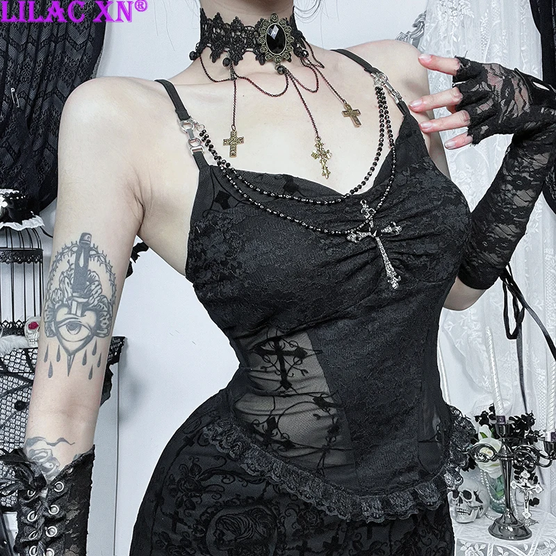

Lilac XN Goth Sexy Lace Trim See Through Corset Crop Top Y2K Vintage Cross Chains sleeveless Camisole Women Summer Tops Tees