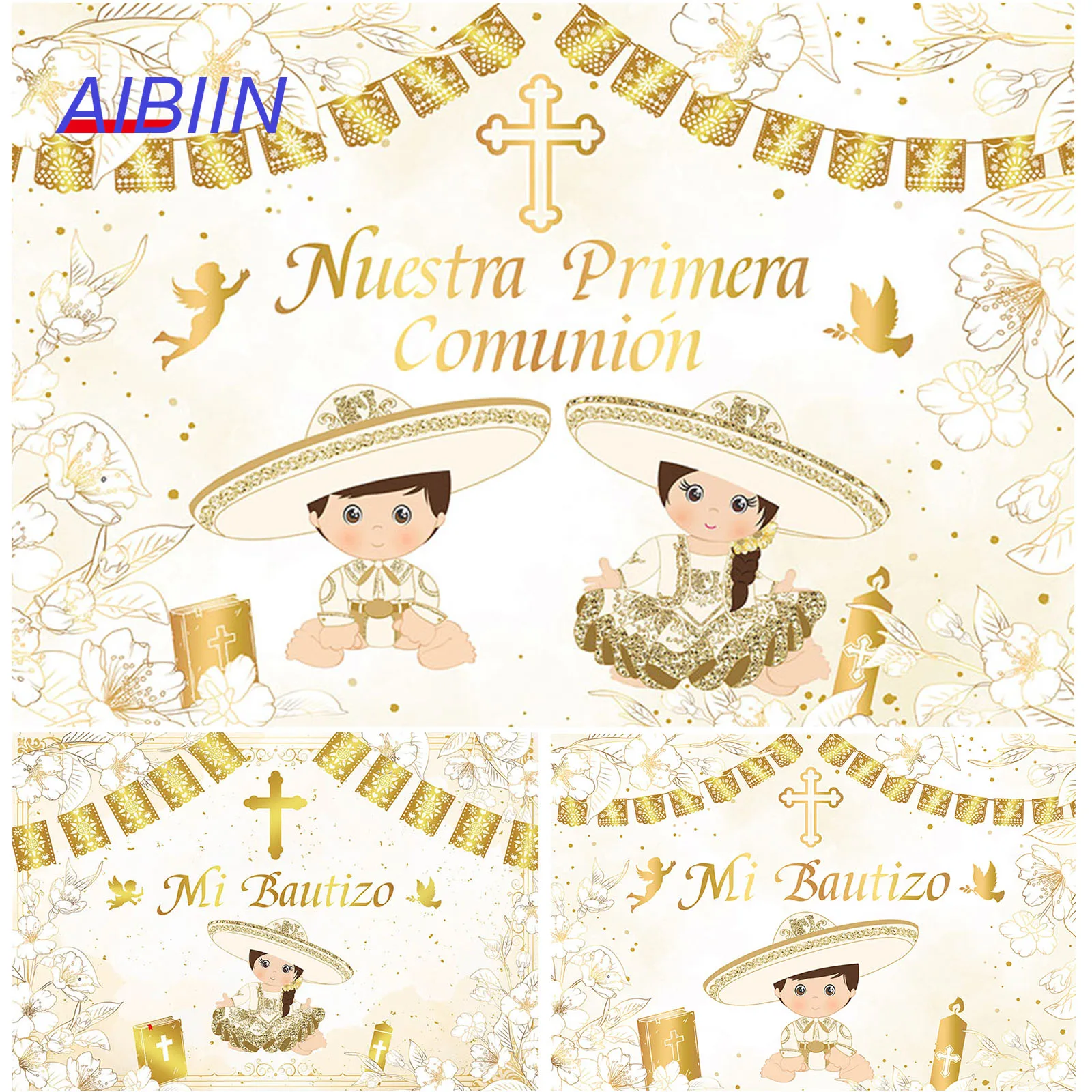 

Mexican My Baptism Backdrop Flower Angel Gold Cross Boy Girl or Twins First Holy Communion Party Decor Christening Background