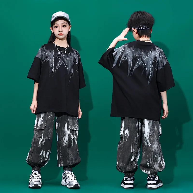 4-16 Years Old Summer Kids Black Short Sleeve T-Shirt Girls Hip Hop Loose Pants Boys Street Style Dance Clothes