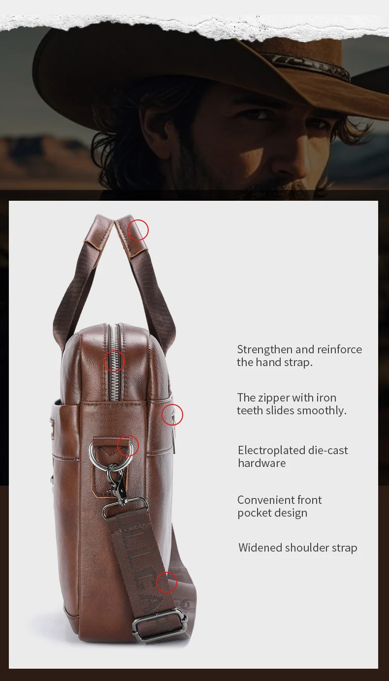BULLCAPTAIN Men's Briefcase Bag Top Layer Leather Handcrafted Laptop Bag with Multiple Compartments Business Shoulder Messenger