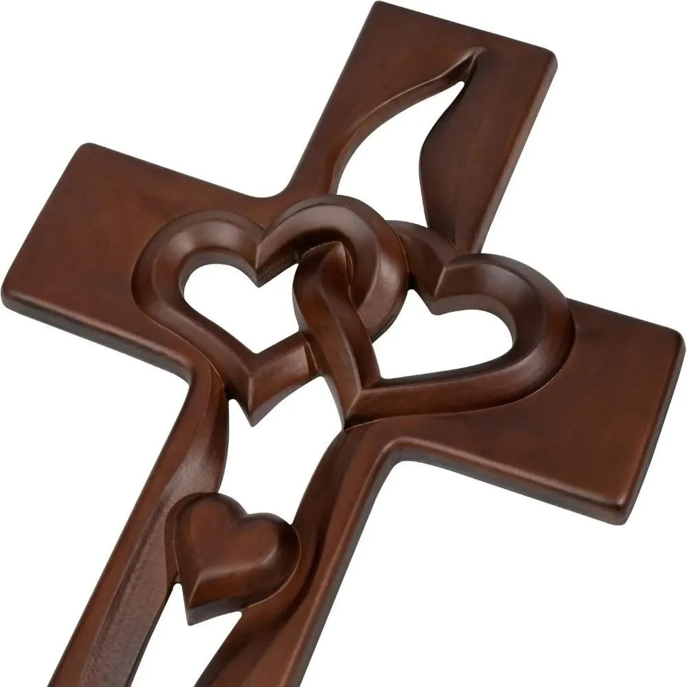 Solid Wood Intertwined Heart Wooden Cross Handmade Wooden Carved Wedding Memorial Gift Loveheart
