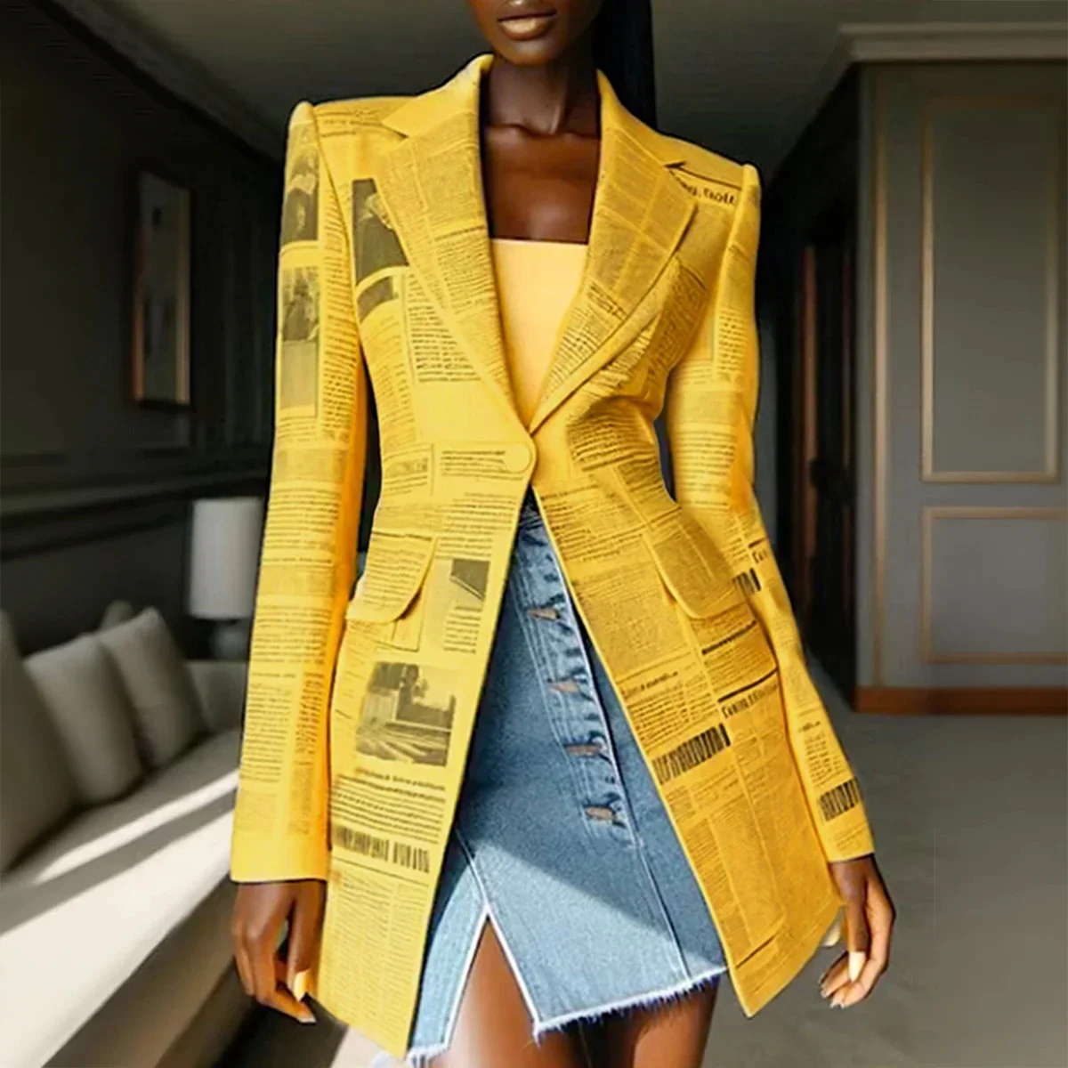 Women's Yellow Newspaper Printed Blazer 2026 New Spring Slim Fit Notched Lapel Single Button Fashion Streetwear Office Jackets