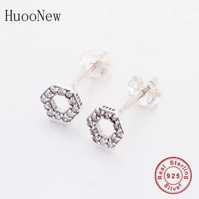 100% 925 Silver Hexagon Geometric Cubic Zirconia Stud Earrings Brincos For Women Girl Girlfiend Sqaure D'oreille Piercing 2020