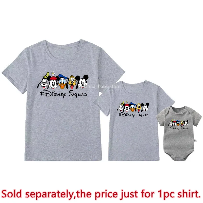 New 2025 Disney Squad Print Family Matching Shirts Cotton Dad Mom Kids Tshirt Baby Rompers Mickey Ears Family Look Outfits Gifts