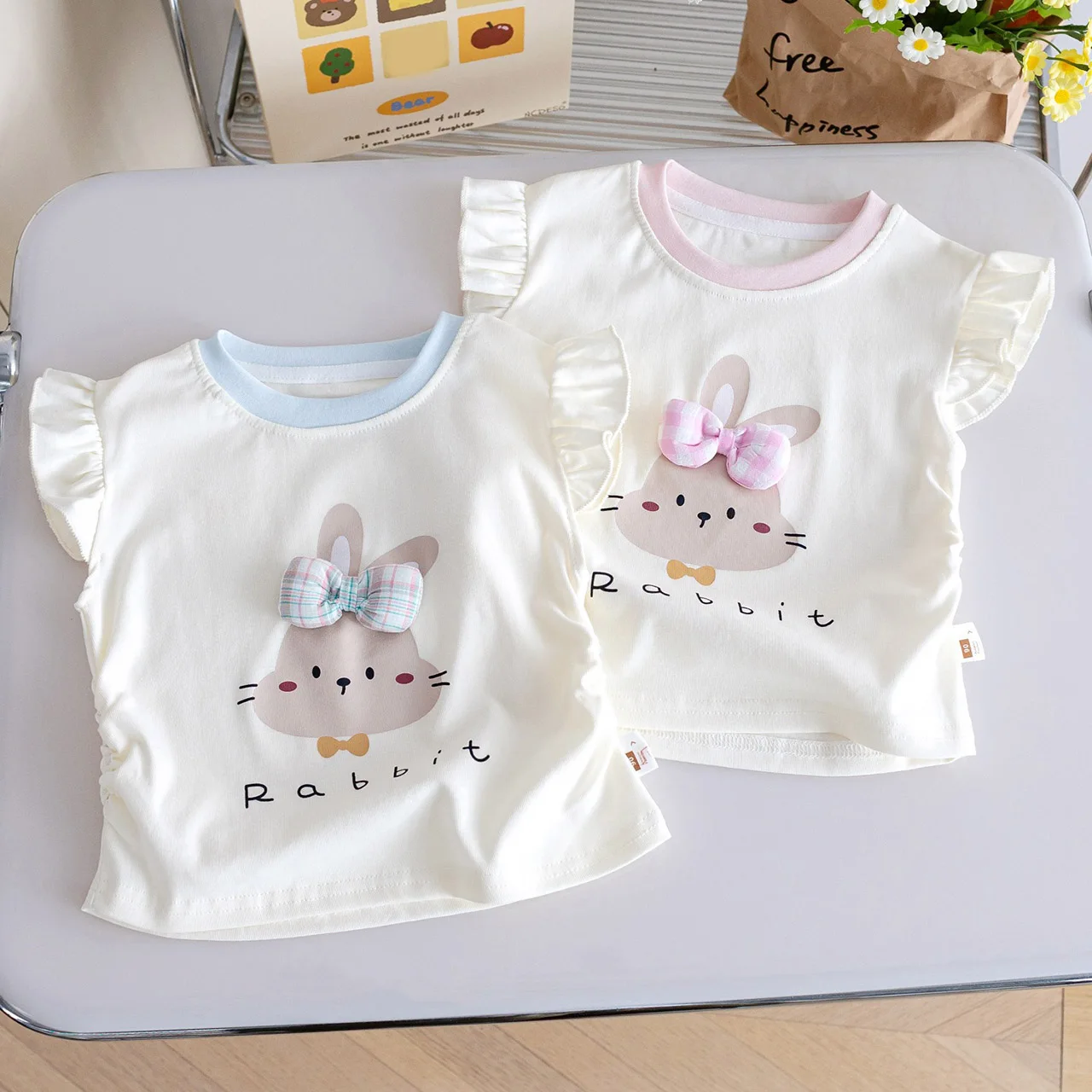 1-6Year Kids Girls T-shirt with Rabbit Prints Fashion Cap-sleeve Vests Cute Cartoon Short-Sleeved Children Tees Summer Clothing