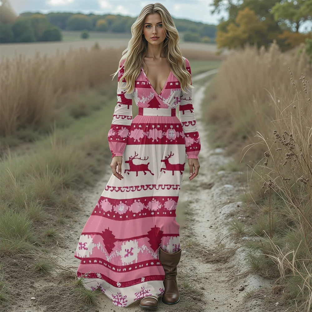 فستان نسائي وردي مطبوع عليه حيوان الرنة وندفة الثلج فستان عيد الميلاد القبيح أنيق ومثير عميق على شكل حرف v فستان ماكسي بوهو لحفلات العطلات #1