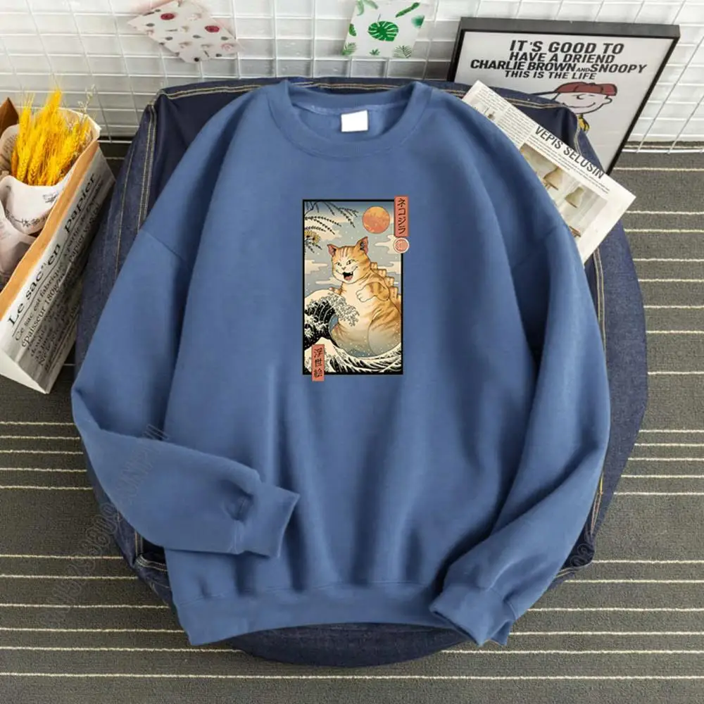 

Waves And Big Cat Japanese Style Print Men Game Sport Mens Pullover Cartoon Streetwear Autumn Anime Funny Sweatshirts