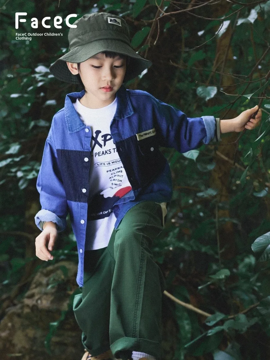 Outdoor Style Long Sleeve Shirt for Boys Spring Season Cotton 100% Color Block Collar Pocket Workwear Shirt Breathable Skin-F...