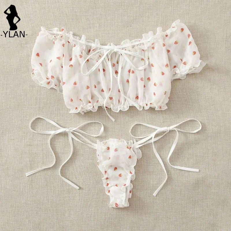 Off Shoulder Lingerie Set Kawaii Women\'s Underwear Cute Strawberry Print Bra Set Young Girl Underwear Ruffles Micro Bikini Mujer