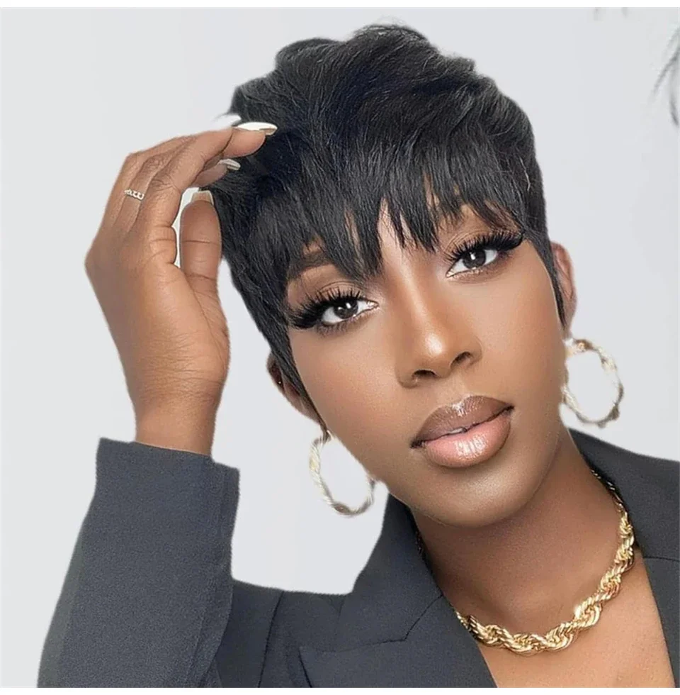 Brazilian Human Hair Straight Pixie Bob Short Wig with Bangs Remy Hair Full Machine Made for Black Women Affordable Wear To Go