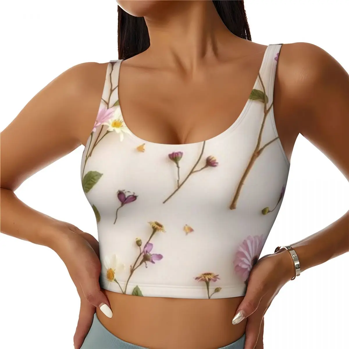 Trendy Workout Top Delicate Pressed Flower Pattern Urban Fitness Casual Tank