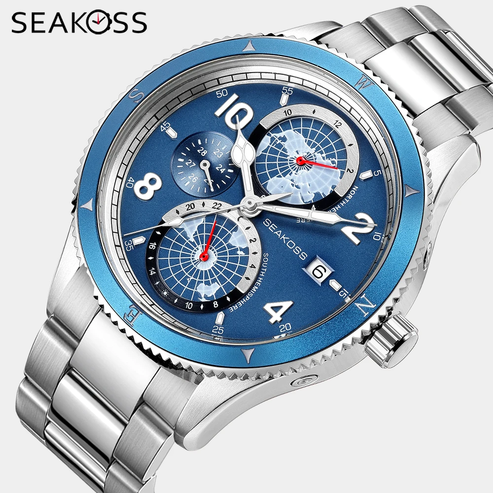 SEAKOSS 100M Men\'s Diving Watch Automatic Mechanical Watch 24hours Display Super Luminous Sapphire Clock Stainless Steel Strap