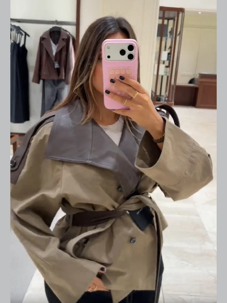 Damen Kurzer Trenchcoat aus Kunstleder mit Gespleißten Schulterklappen, Gürtel in der Taille, Locker Geschnittene Khaki Kurze Jacke, Vintage 2026 Damen Oberbekleidung – Detail 8