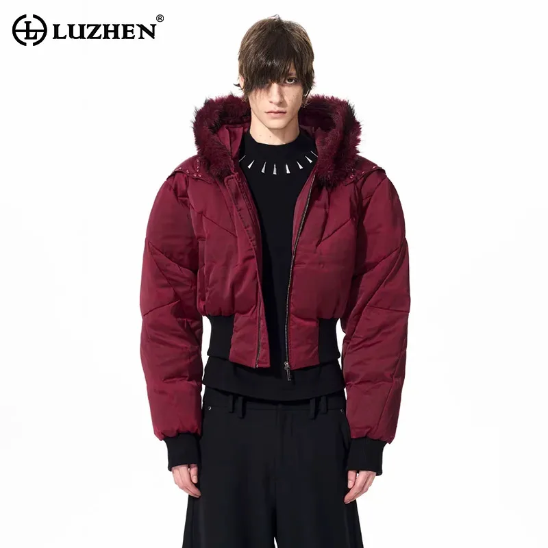 LUZHEN 2025 Winter Fashion Thickened Warm Faux Fur Hooded Padded Coat Men's High Quality Elastic Waist Short Parka Jacket JY5702