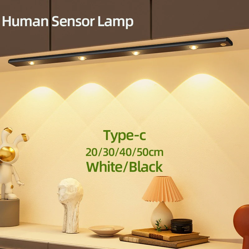 White/Black Cabinet Light USB Rechargeable Motion Sensor LED Light for Kitchen Wardrobe Cabinet Lighting 20CM/30CM/40CM/50CM