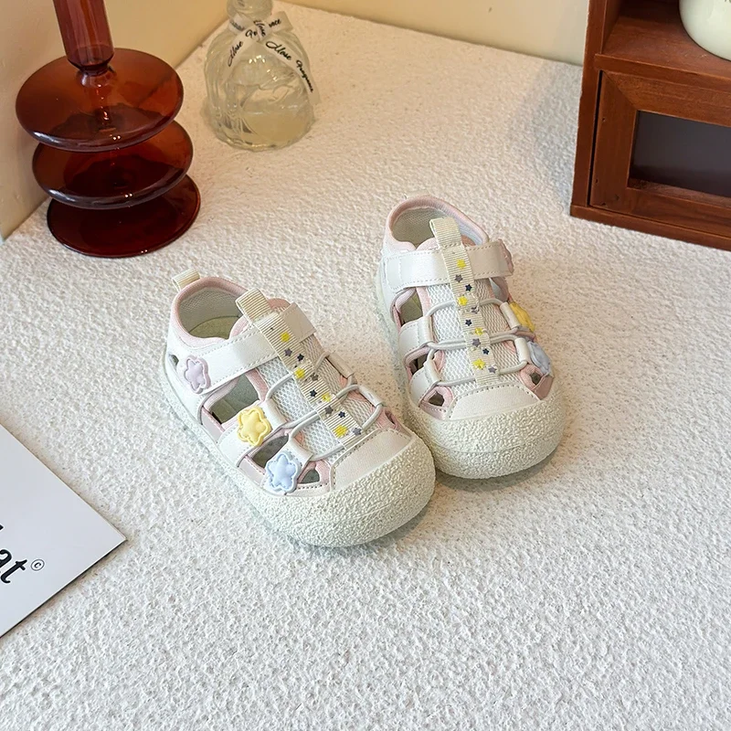 Girls Casual Walking Toes Capped Soft Sole Little Kids Sandals Shoes Non-slip 2025 Summer New Children Princess Flats Stars Cute