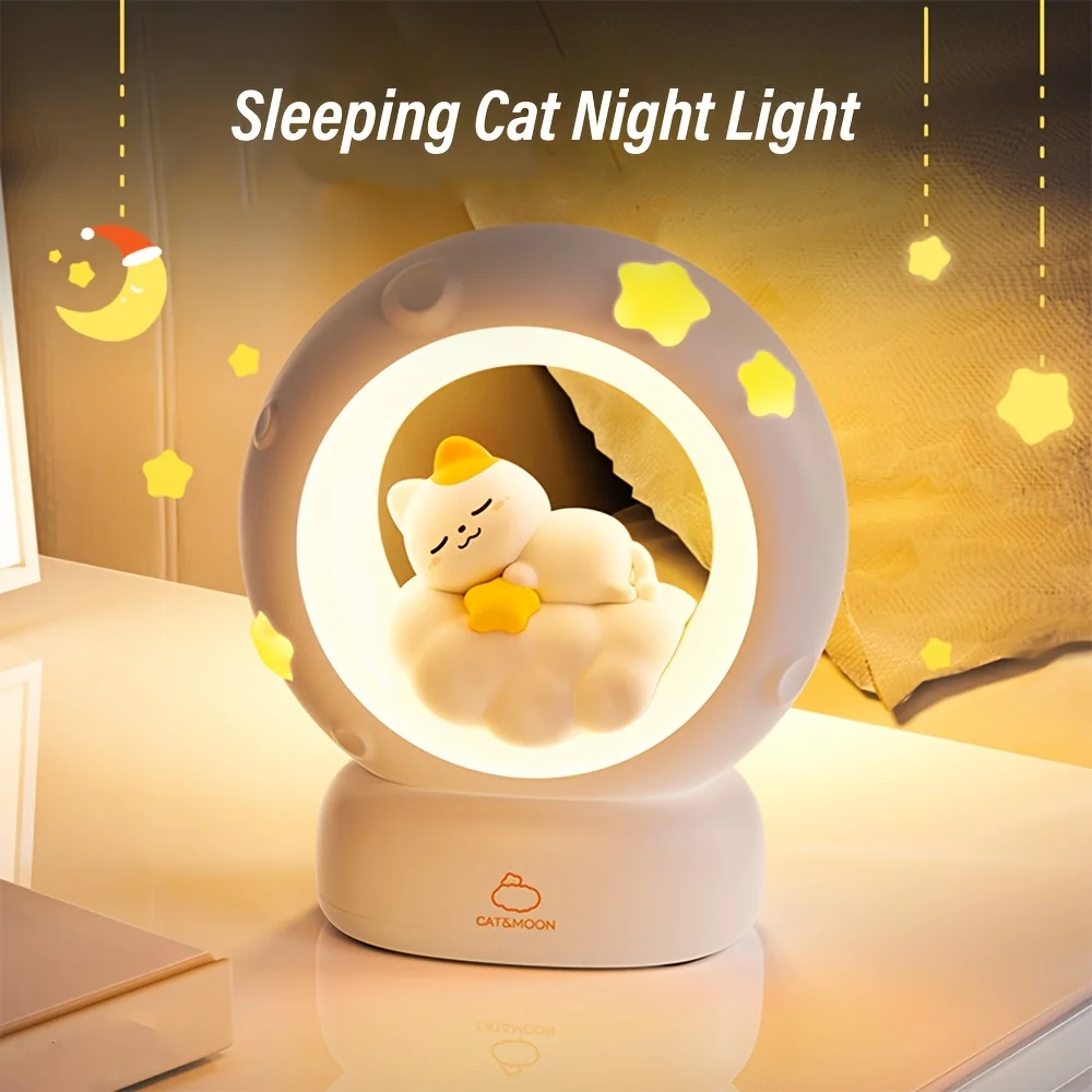 1 Stück Schlafende Katze Nachtlicht, über USB wiederaufladbare dimmbare LED-Tischlampe, 3-stufige Helligkeit einstellbar für Schlafzimmer-Schlaflampe